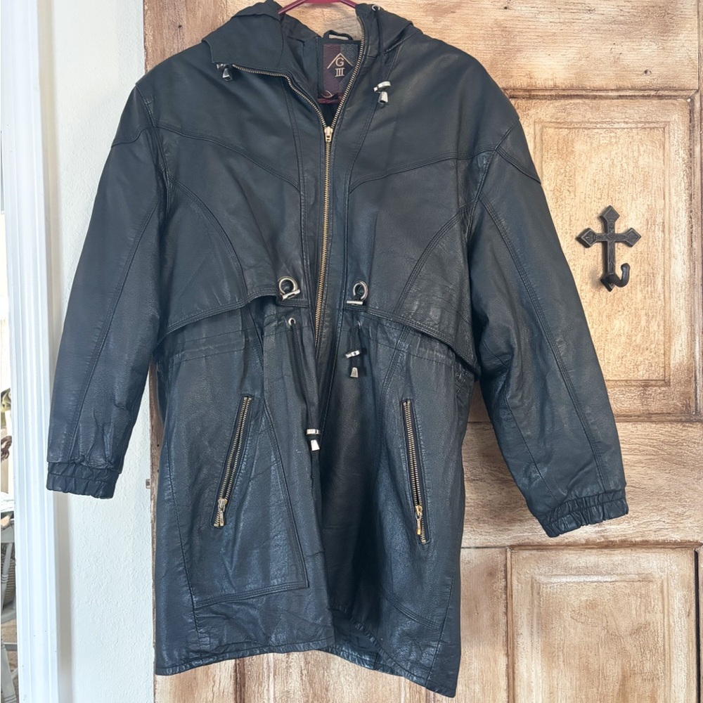 Vintage G-III Women’s 90s 100% Leather Hooded Trench Jacket Size S